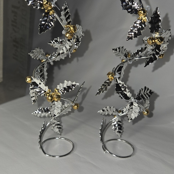 Candle Stick Holders Silver Leaves And Tiny Brass Jingle Bell Spirals NIB 6" - Picture 7 of 10